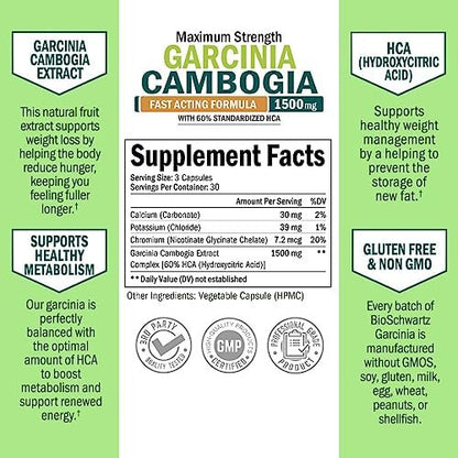 Garcinia Cambogia Abnehmkapseln - 1500 mg HCA reiner Extrakt - Schnell wirkender Appetitzügler - Fatburner für Frauen und Männer zur Gewichtsabnahme - Kohlenhydratblocker Stoffwechsel Diätpillen - 90 Kapseln