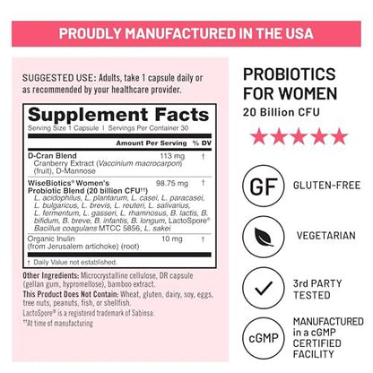 NatureWise Probiotika für Frauen + Organische Präbiotika D-Mannose & Cranberry - Scheidenprobiotika für pH-Gleichgewicht, Verdauungs- & Harntrakt - 18 Stämme, 20 Milliarden KBE - 60 Kapseln [60-Tage-Vorrat]