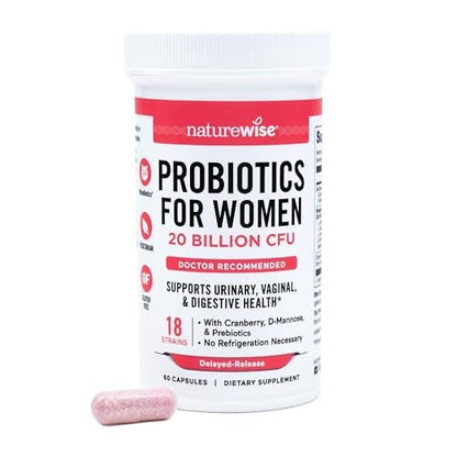 NatureWise Probiotika für Frauen + Organische Präbiotika D-Mannose & Cranberry - Scheidenprobiotika für pH-Gleichgewicht, Verdauungs- & Harntrakt - 18 Stämme, 20 Milliarden KBE - 60 Kapseln [60-Tage-Vorrat]