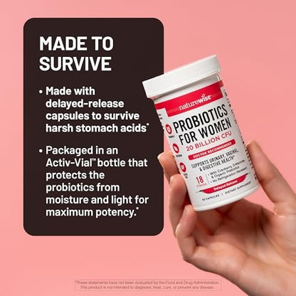 NatureWise Probiotika für Frauen + Organische Präbiotika D-Mannose & Cranberry - Scheidenprobiotika für pH-Gleichgewicht, Verdauungs- & Harntrakt - 18 Stämme, 20 Milliarden KBE - 60 Kapseln [60-Tage-Vorrat]