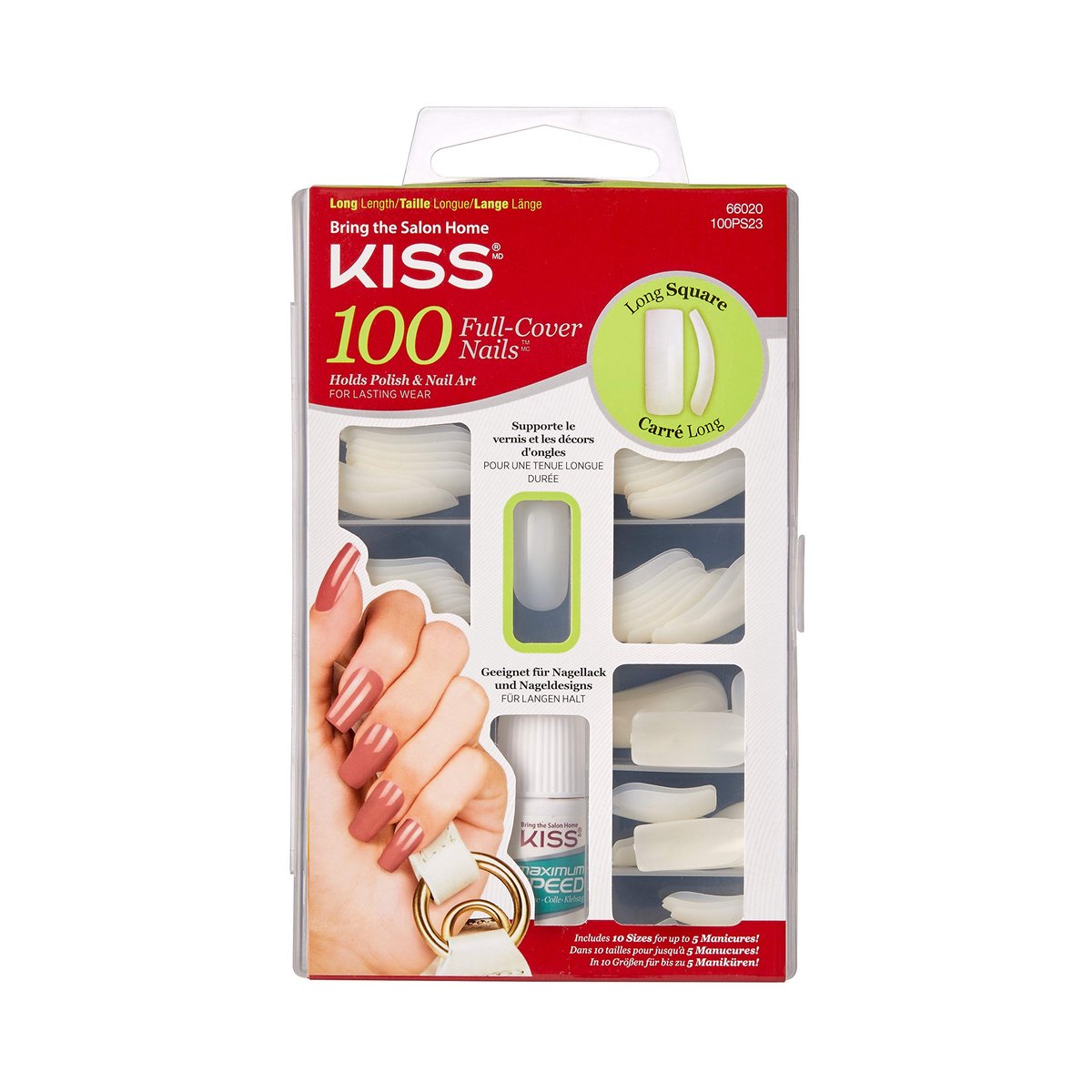 Kiss 100 Acrylic Plain Full-Cover Nägel, Active Long Square – Weiß, 100 Stück