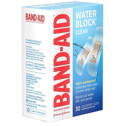 Band-Aid Brand Water Block Clear Waterproof Sterile Adhesive Bandages für die Erste-Hilfe-Wundversorgung bei kleinen Schnitten und Schürfwunden, verschiedene Größen, 30 Stück