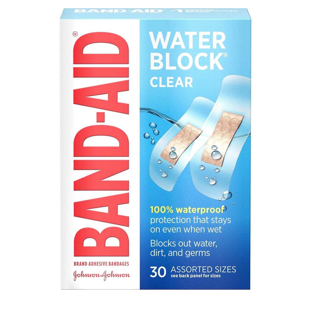 Band-Aid Brand Water Block Clear Waterproof Sterile Adhesive Bandages für die Erste-Hilfe-Wundversorgung bei kleinen Schnitten und Schürfwunden, verschiedene Größen, 30 Stück
