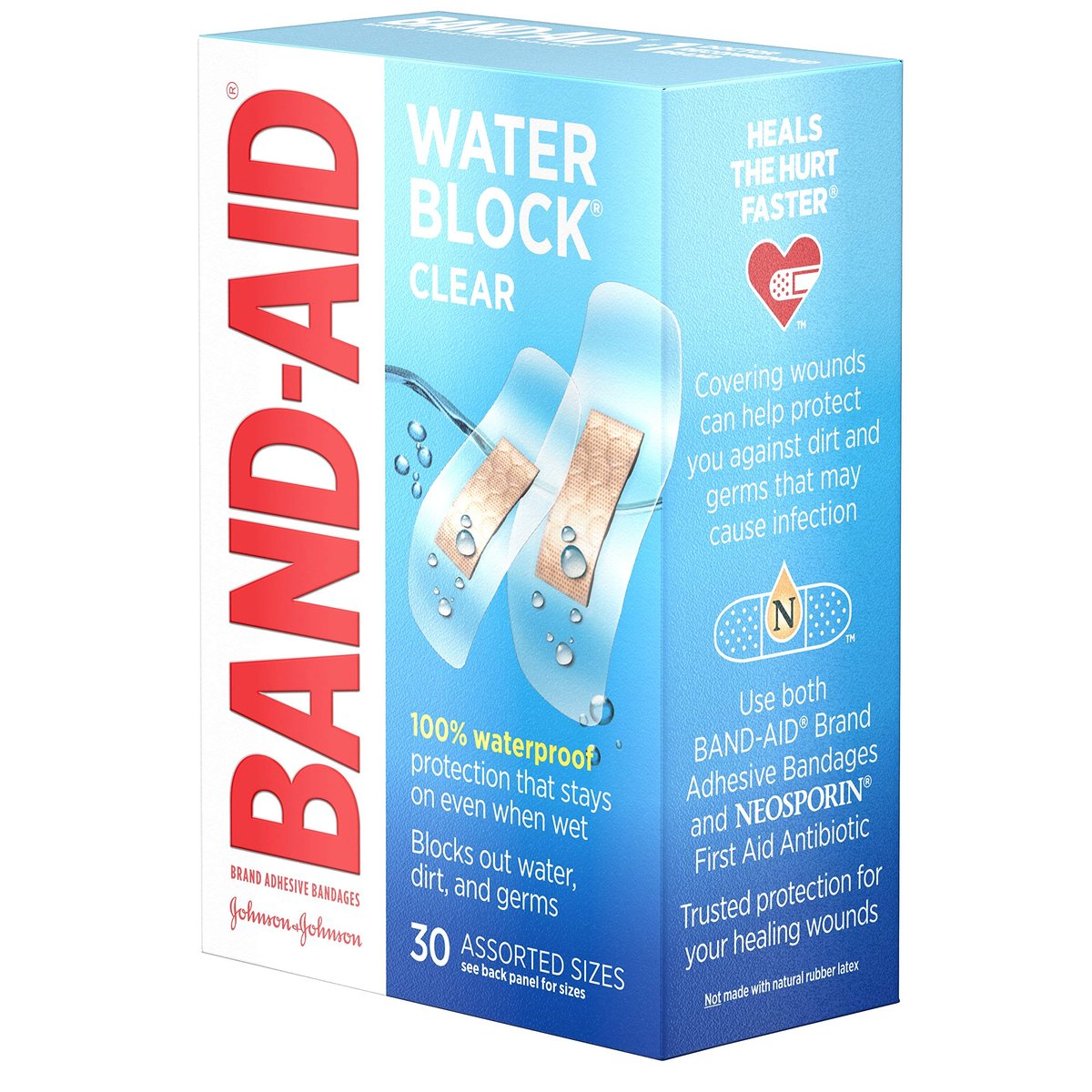 Band-Aid Brand Water Block Clear Waterproof Sterile Adhesive Bandages für die Erste-Hilfe-Wundversorgung bei kleinen Schnitten und Schürfwunden, verschiedene Größen, 30 Stück