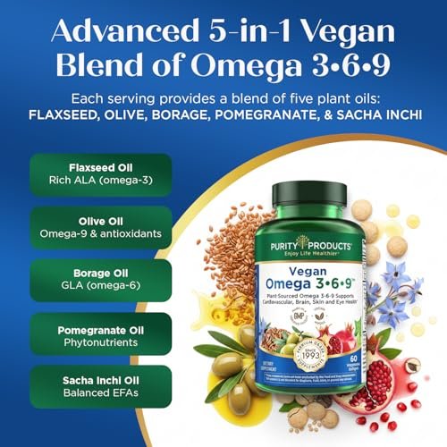 Purity Products Omega 3-6-9 Vegan & Vegetarische Formel – „5 in 1“ Essentielle Fettsäuren Komplex – Wissenschaftlich formuliertes pflanzliches Omega 3 6 9 EFA – (60 Kapseln)