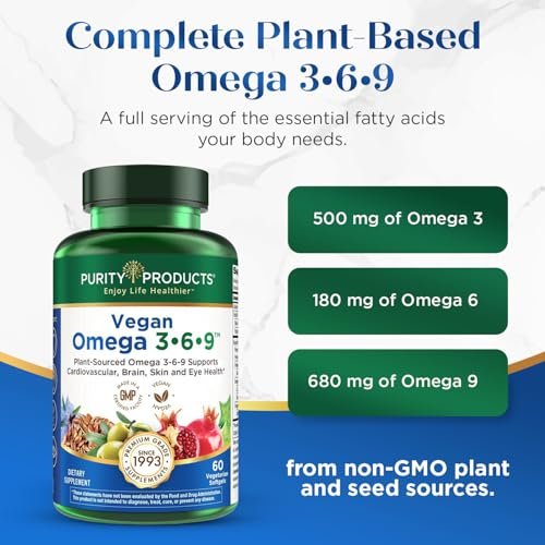Purity Products Omega 3-6-9 Vegan & Vegetarische Formel – „5 in 1“ Essentielle Fettsäuren Komplex – Wissenschaftlich formuliertes pflanzliches Omega 3 6 9 EFA – (60 Kapseln)