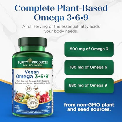 Purity Products Omega 3-6-9 Vegan & Vegetarische Formel – „5 in 1“ Essentielle Fettsäuren Komplex – Wissenschaftlich formuliertes pflanzliches Omega 3 6 9 EFA – (60 Kapseln)