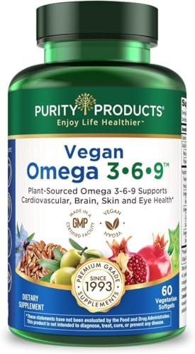Purity Products Omega 3-6-9 Vegan & Vegetarische Formel – „5 in 1“ Essentielle Fettsäuren Komplex – Wissenschaftlich formuliertes pflanzliches Omega 3 6 9 EFA – (60 Kapseln)