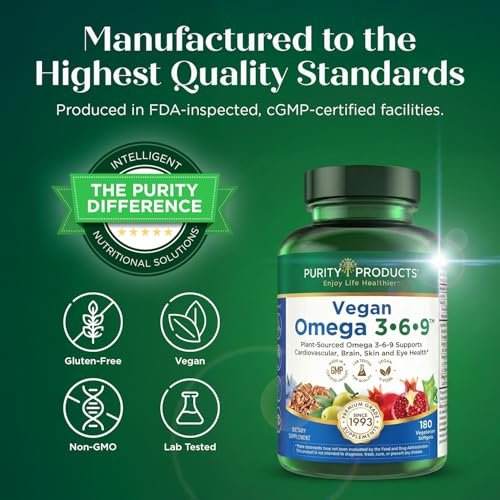 Purity Products Omega 3-6-9 Vegan & Vegetarische Formel – „5 in 1“ Essentielle Fettsäuren Komplex – Wissenschaftlich formuliertes pflanzliches Omega 3 6 9 EFA – (60 Kapseln)
