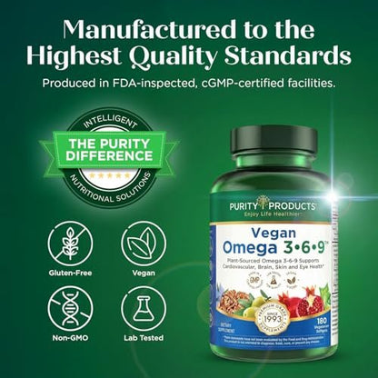Purity Products Omega 3-6-9 Vegan & Vegetarische Formel – „5 in 1“ Essentielle Fettsäuren Komplex – Wissenschaftlich formuliertes pflanzliches Omega 3 6 9 EFA – (60 Kapseln)