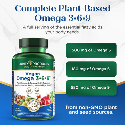 Purity Products Omega 3-6-9 Vegan & Vegetarische Formel – „5 in 1“ Essentielle Fettsäuren Komplex – Wissenschaftlich formuliertes pflanzliches Omega 3 6 9 EFA – (60 Kapseln)