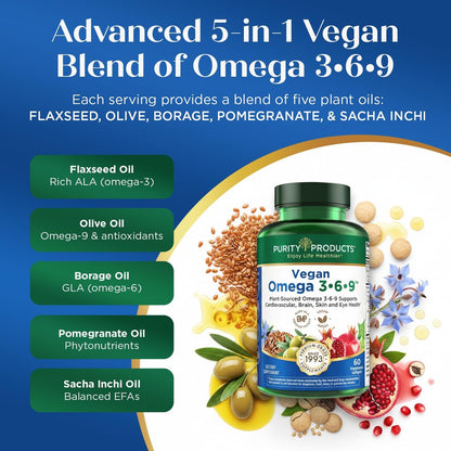 Purity Products Omega 3-6-9 Vegan & Vegetarische Formel – „5 in 1“ Essentielle Fettsäuren Komplex – Wissenschaftlich formuliertes pflanzliches Omega 3 6 9 EFA – (60 Kapseln)