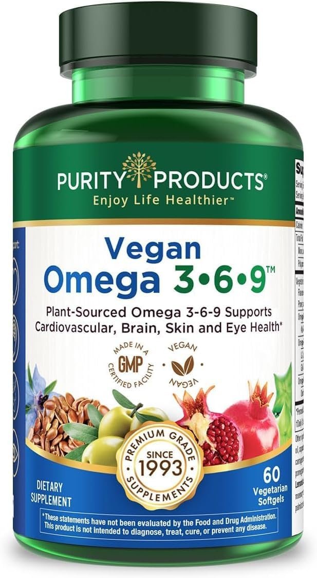 Purity Products Omega 3-6-9 Vegan & Vegetarische Formel – „5 in 1“ Essentielle Fettsäuren Komplex – Wissenschaftlich formuliertes pflanzliches Omega 3 6 9 EFA – (60 Kapseln)