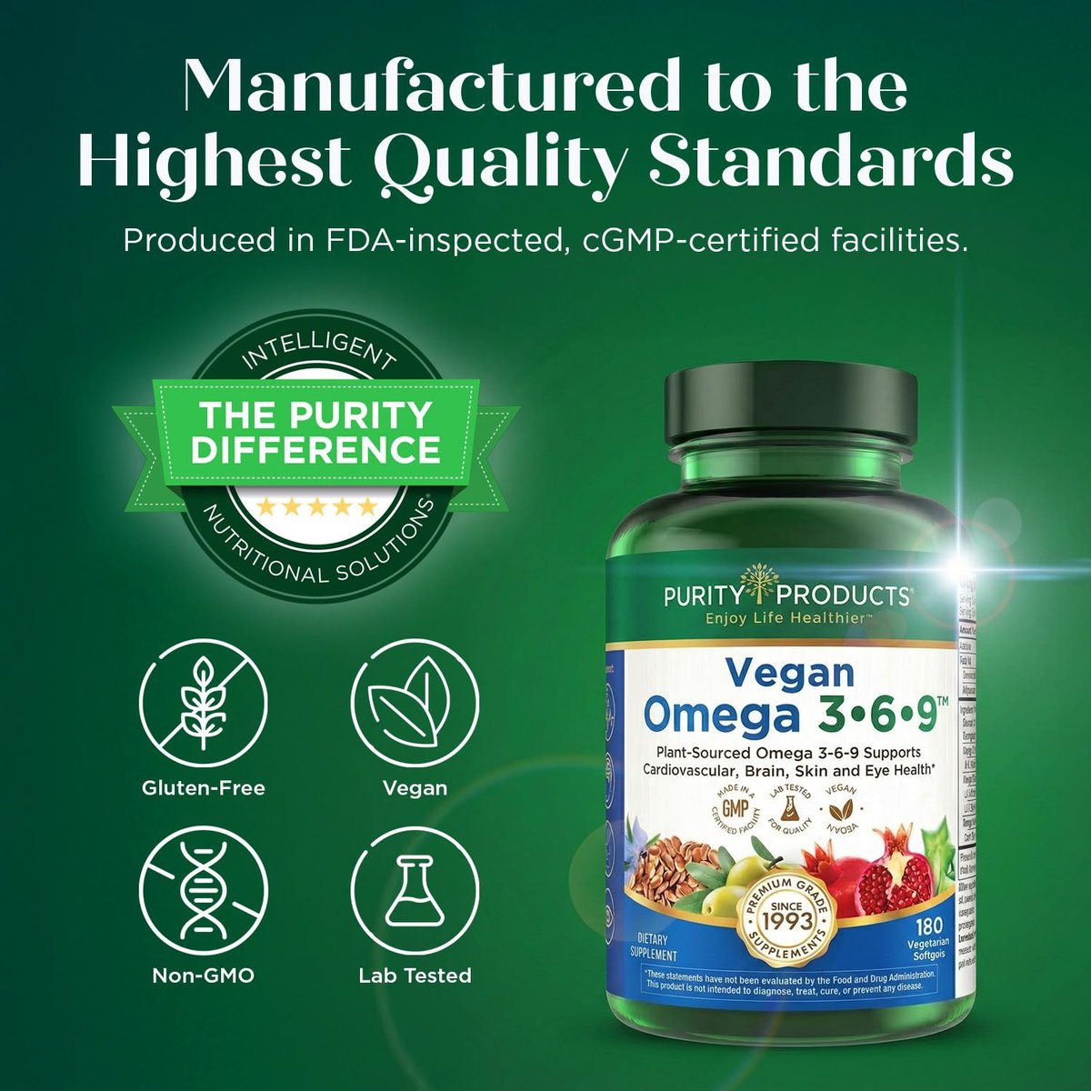 Purity Products Omega 3-6-9 Vegan & Vegetarische Formel – „5 in 1“ Essentielle Fettsäuren Komplex – Wissenschaftlich formuliertes pflanzliches Omega 3 6 9 EFA – (60 Kapseln)