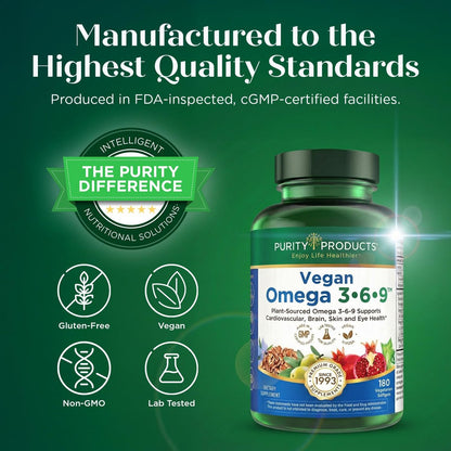 Purity Products Omega 3-6-9 Vegan & Vegetarische Formel – „5 in 1“ Essentielle Fettsäuren Komplex – Wissenschaftlich formuliertes pflanzliches Omega 3 6 9 EFA – (60 Kapseln)