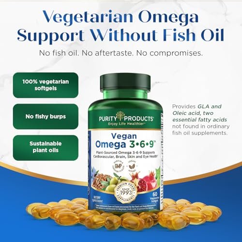 Purity Products Omega 3-6-9 Vegan & Vegetarische Formel – „5 in 1“ Essentielle Fettsäuren Komplex – Wissenschaftlich formuliertes pflanzliches Omega 3 6 9 EFA – (60 Kapseln)