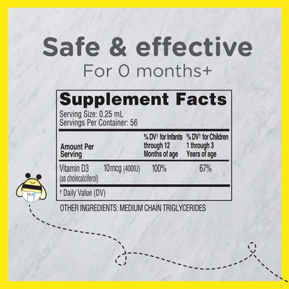 Zarbee's Vitamin-D-Tropfen für Säuglinge, 400 IE (10 µg) flüssiges Nahrungsergänzungsmittel für Babys & Kleinkinder, ab Geburt, inkl. Dosierspritze, 0,47 Fl Oz