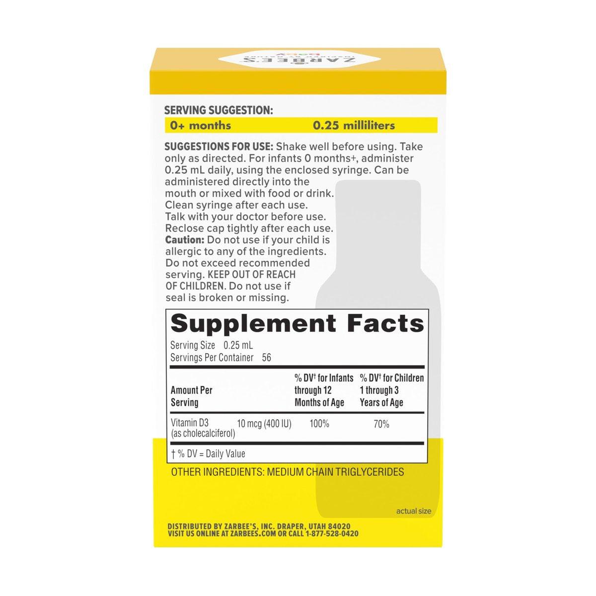 Zarbee's Vitamin-D-Tropfen für Säuglinge, 400 IE (10 µg) flüssiges Nahrungsergänzungsmittel für Babys & Kleinkinder, ab Geburt, inkl. Dosierspritze, 0,47 Fl Oz