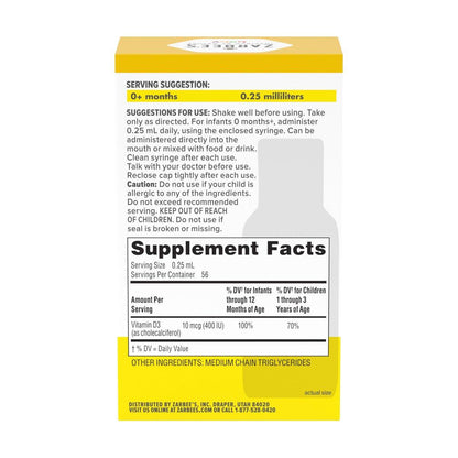 Zarbee's Vitamin-D-Tropfen für Säuglinge, 400 IE (10 µg) flüssiges Nahrungsergänzungsmittel für Babys & Kleinkinder, ab Geburt, inkl. Dosierspritze, 0,47 Fl Oz