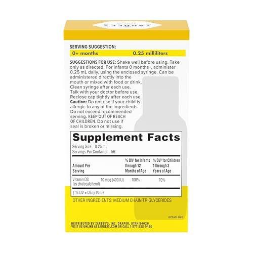 Zarbee's Vitamin-D-Tropfen für Säuglinge, 400 IE (10 µg) flüssiges Nahrungsergänzungsmittel für Babys & Kleinkinder, ab Geburt, inkl. Dosierspritze, 0,47 Fl Oz