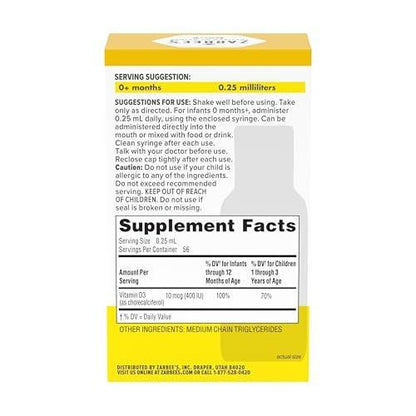 Zarbee's Vitamin-D-Tropfen für Säuglinge, 400 IE (10 µg) flüssiges Nahrungsergänzungsmittel für Babys & Kleinkinder, ab Geburt, inkl. Dosierspritze, 0,47 Fl Oz