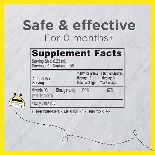 Zarbee's Vitamin-D-Tropfen für Säuglinge, 400 IE (10 µg) flüssiges Nahrungsergänzungsmittel für Babys & Kleinkinder, ab Geburt, inkl. Dosierspritze, 0,47 Fl Oz
