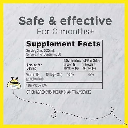 Zarbee's Vitamin-D-Tropfen für Säuglinge, 400 IE (10 µg) flüssiges Nahrungsergänzungsmittel für Babys & Kleinkinder, ab Geburt, inkl. Dosierspritze, 0,47 Fl Oz