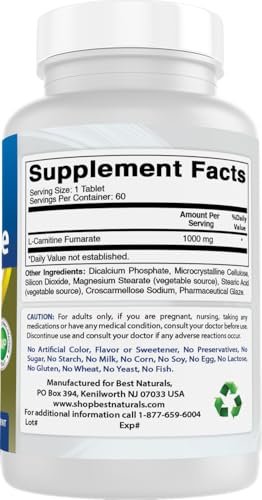Best Naturals L-Carnitin 1000mg – 60 Tabletten, Hochdosiertes Nahrungsergänzungsmittel