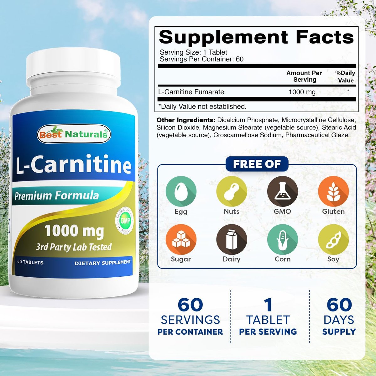 Best Naturals L-Carnitin 1000mg – 60 Tabletten, Hochdosiertes Nahrungsergänzungsmittel