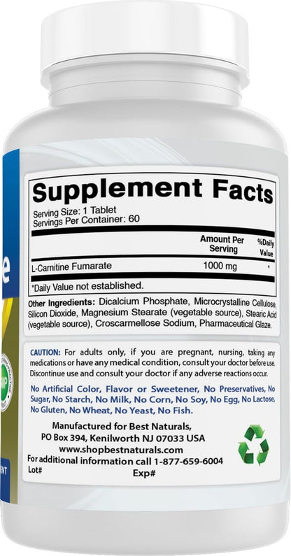 Best Naturals L-Carnitin 1000mg – 60 Tabletten, Hochdosiertes Nahrungsergänzungsmittel