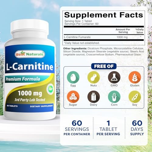 Best Naturals L-Carnitin 1000mg – 60 Tabletten, Hochdosiertes Nahrungsergänzungsmittel
