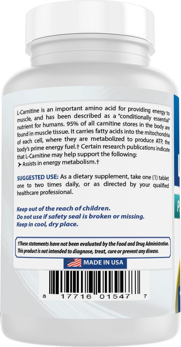 Best Naturals L-Carnitin 1000mg – 60 Tabletten, Hochdosiertes Nahrungsergänzungsmittel
