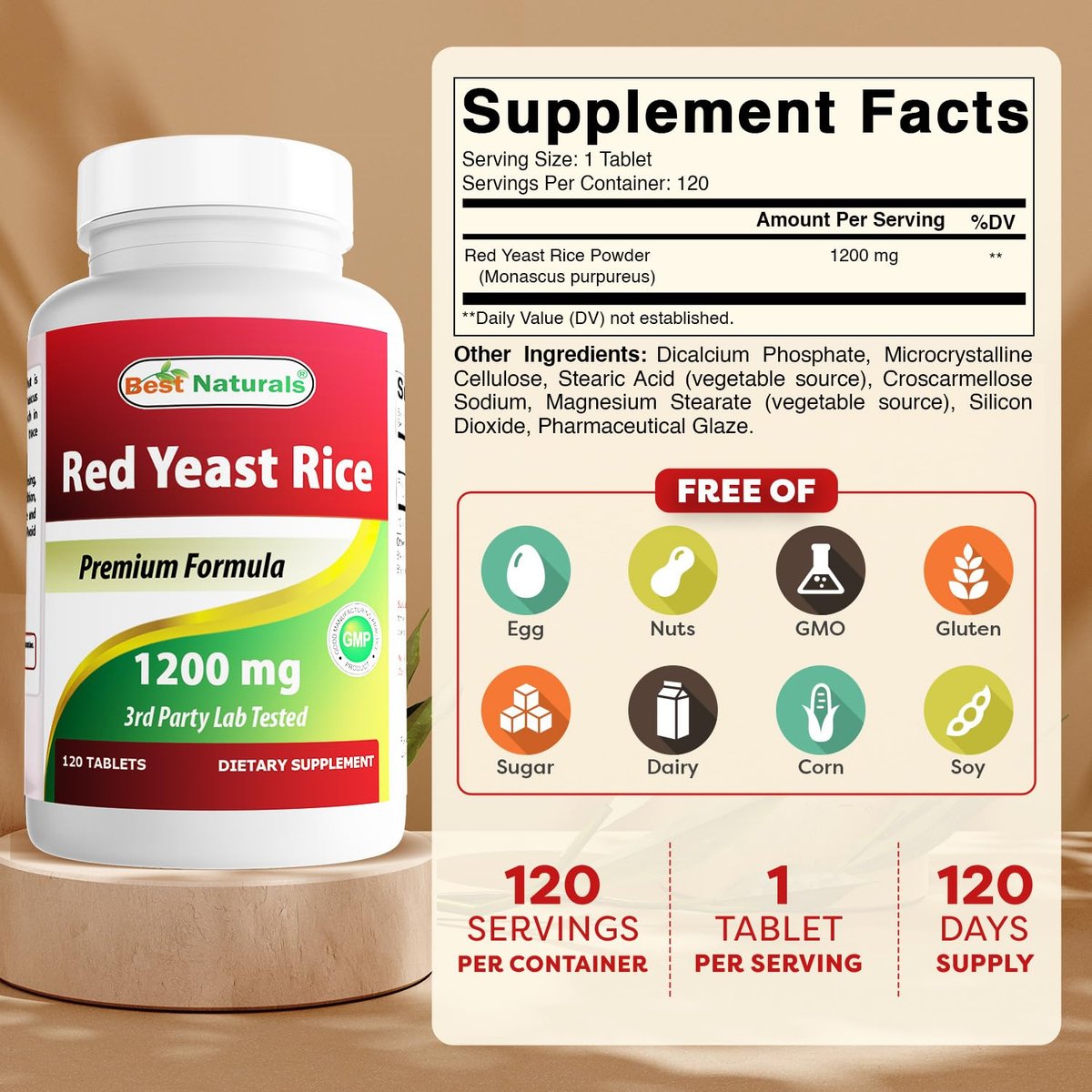 Best Naturals Rote Hefe Reis 1200 mg (Non-GMO) | 120 Tabletten - Nicht bestrahlt, Citrinin-frei