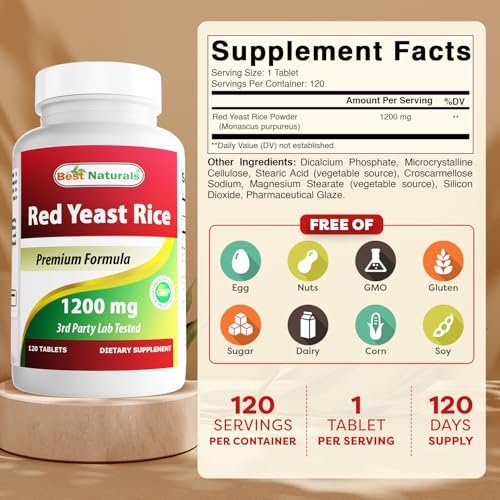 Best Naturals Rote Hefe Reis 1200 mg (Non-GMO) | 120 Tabletten - Nicht bestrahlt, Citrinin-frei