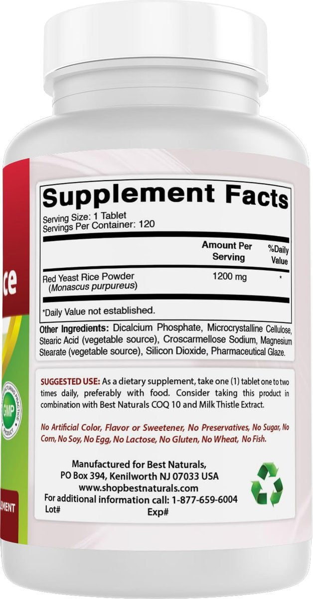 Best Naturals Rote Hefe Reis 1200 mg (Non-GMO) | 120 Tabletten - Nicht bestrahlt, Citrinin-frei