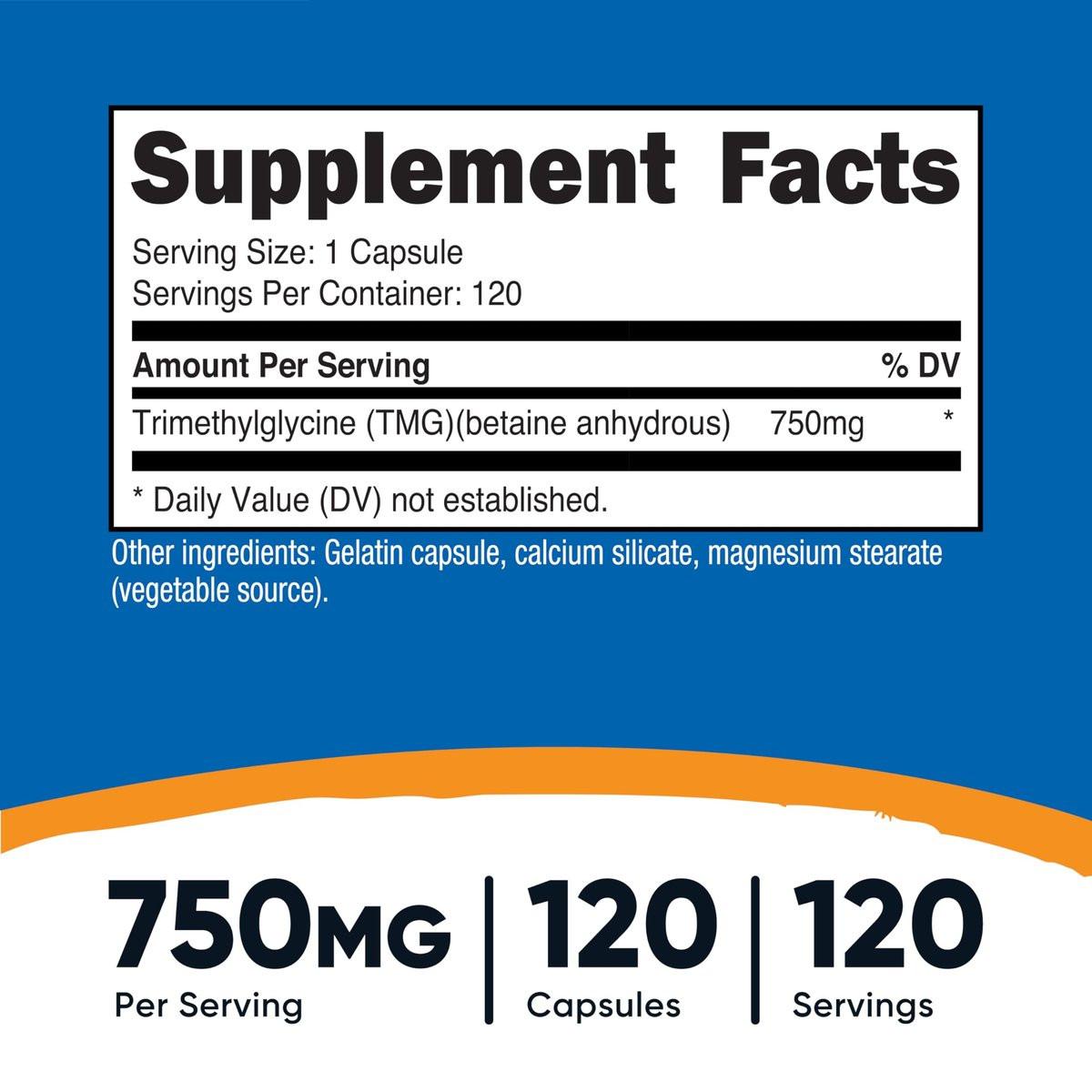 Nutricost TMG (Trimethylglycin) 750mg, 120 Kapseln - Hochwertiges Nahrungsergänzungsmittel