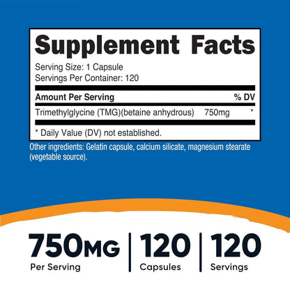 Nutricost TMG (Trimethylglycin) 750mg, 120 Kapseln - Hochwertiges Nahrungsergänzungsmittel