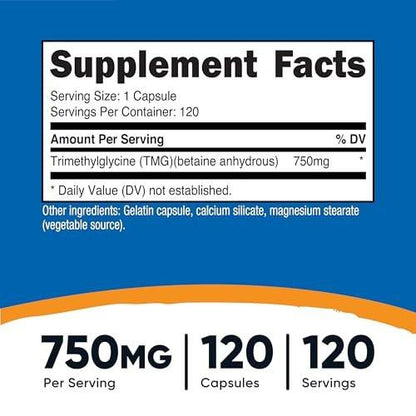 Nutricost TMG (Trimethylglycin) 750mg, 120 Kapseln - Hochwertiges Nahrungsergänzungsmittel