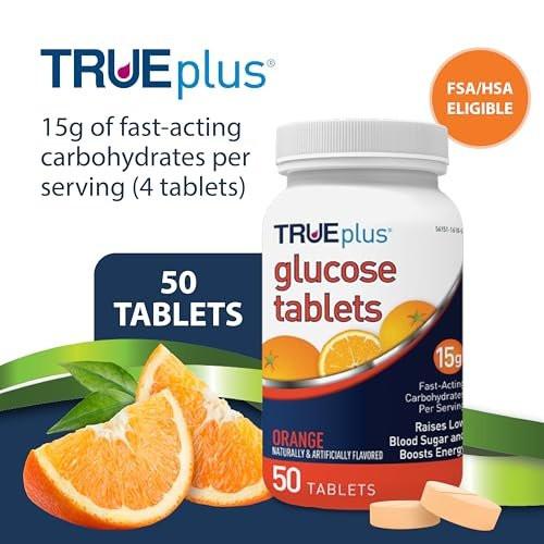 TRUEplus Glukose Tabletten, Orange Geschmack, 15g schnell wirkende Kohlenhydrate, fettfrei, glutenfrei, Energie-Boost, 50 Stück