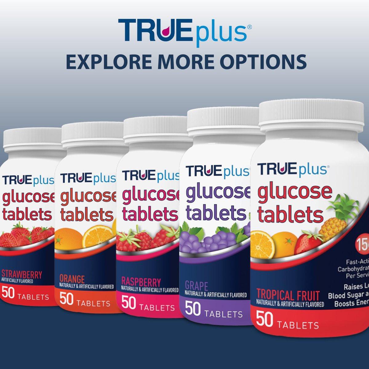 TRUEplus Glukose Tabletten, Orange Geschmack, 15g schnell wirkende Kohlenhydrate, fettfrei, glutenfrei, Energie-Boost, 50 Stück