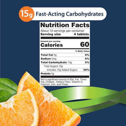 TRUEplus Glukose Tabletten, Orange Geschmack, 15g schnell wirkende Kohlenhydrate, fettfrei, glutenfrei, Energie-Boost, 50 Stück