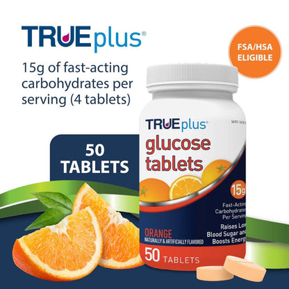 TRUEplus Glukose Tabletten, Orange Geschmack, 15g schnell wirkende Kohlenhydrate, fettfrei, glutenfrei, Energie-Boost, 50 Stück