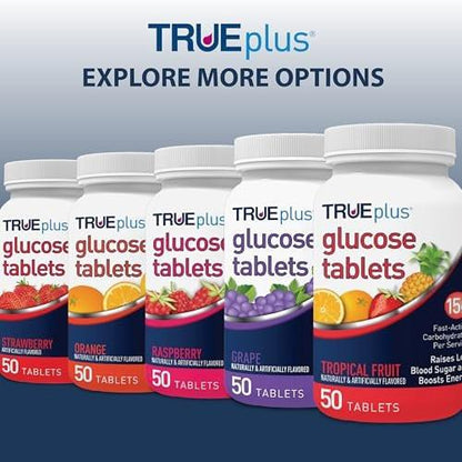 TRUEplus Glukose Tabletten, Orange Geschmack, 15g schnell wirkende Kohlenhydrate, fettfrei, glutenfrei, Energie-Boost, 50 Stück