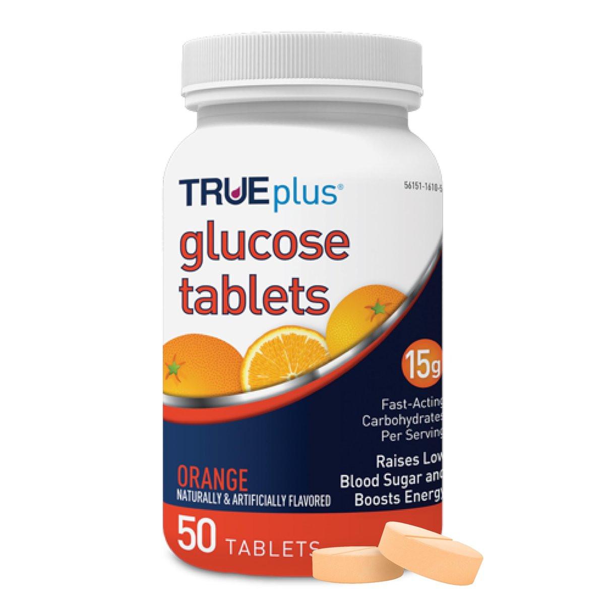 TRUEplus Glukose Tabletten, Orange Geschmack, 15g schnell wirkende Kohlenhydrate, fettfrei, glutenfrei, Energie-Boost, 50 Stück