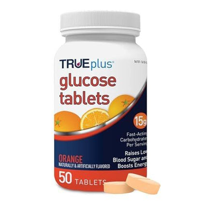 TRUEplus Glukose Tabletten, Orange Geschmack, 15g schnell wirkende Kohlenhydrate, fettfrei, glutenfrei, Energie-Boost, 50 Stück
