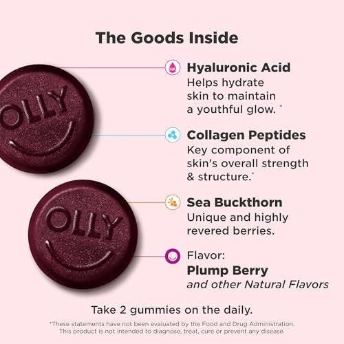 OLLY Glowing Skin Gummibärchen – Hyaluronsäure, Kollagenpeptide & Sanddorn für hydratisierte & jugendliche Haut – Beerengeschmack – 50 Stück (25 Tage Vorrat)