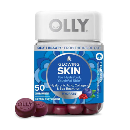OLLY Glowing Skin Gummibärchen – Hyaluronsäure, Kollagenpeptide & Sanddorn für hydratisierte & jugendliche Haut – Beerengeschmack – 50 Stück (25 Tage Vorrat)