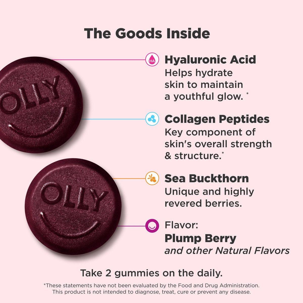 OLLY Glowing Skin Gummibärchen – Hyaluronsäure, Kollagenpeptide & Sanddorn für hydratisierte & jugendliche Haut – Beerengeschmack – 50 Stück (25 Tage Vorrat)