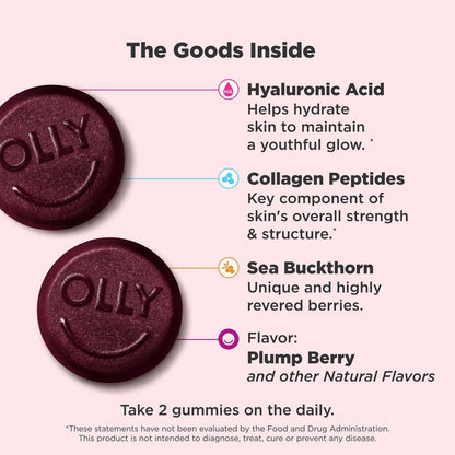 OLLY Glowing Skin Gummibärchen – Hyaluronsäure, Kollagenpeptide & Sanddorn für hydratisierte & jugendliche Haut – Beerengeschmack – 50 Stück (25 Tage Vorrat)
