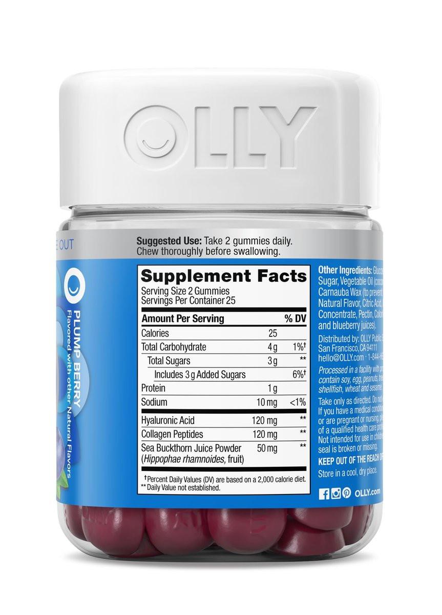 OLLY Glowing Skin Gummibärchen – Hyaluronsäure, Kollagenpeptide & Sanddorn für hydratisierte & jugendliche Haut – Beerengeschmack – 50 Stück (25 Tage Vorrat)